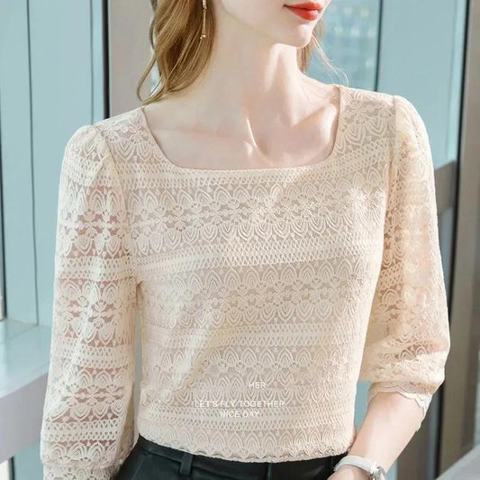 Lace Bottoming Shirt Women's Spring Three-quarter Sleeves A Word Collar Hollow Air Quality Crochet Small Shirt Slim Top