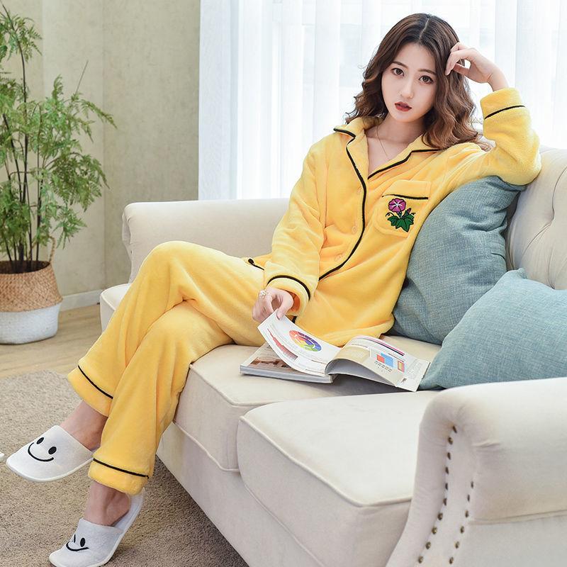 Genuine Flannel Autumn and Winter Women's Pajamas Plus Velvet Thick Coral Fleece Suit Large Size Warm Home Service