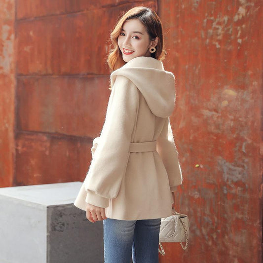 Winter Fashion Woolen Coat Spring Long Sleeve Loose Hooded Lace Jacket