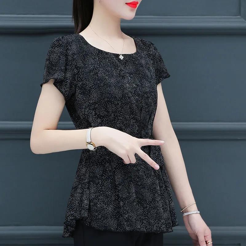 Women's Summer Short Sleeve Chiffon Shirt Waist Tie Round Neck Printed Top