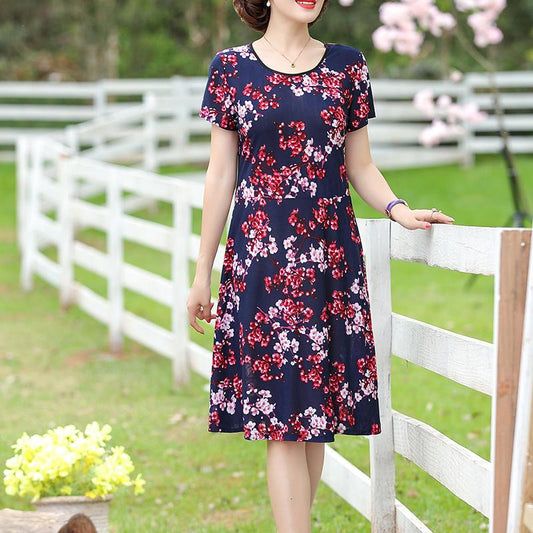 Round Neck Floral Dress Loose Large Size Slimming Women's Dress Short Sleeve Long Skirt Slimming Skirt Fabric Light and Breathable