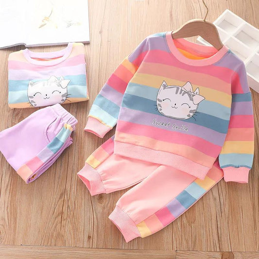 Girl Suit Spring and Autumn Female Baby Rainbow Clothes Girl Casual Pants Two-piece Set
