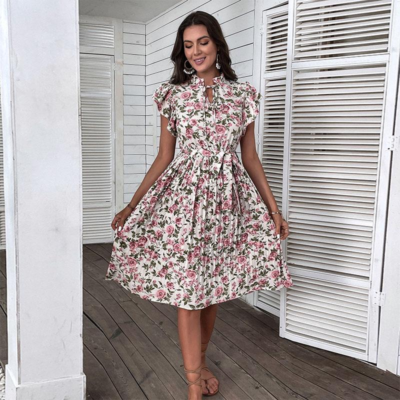 Summer European and American Retro Skirt Printing Mid-length White Dress