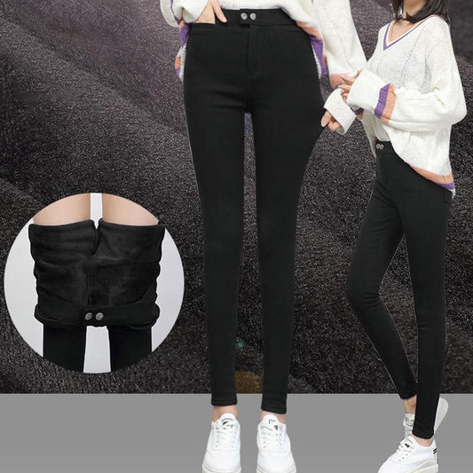 Fleece Thickened Imitation Jeans Women's Winter Bottoming Outer Wear Warm Pencil Feet Pants Solid Color High-waist Leggings