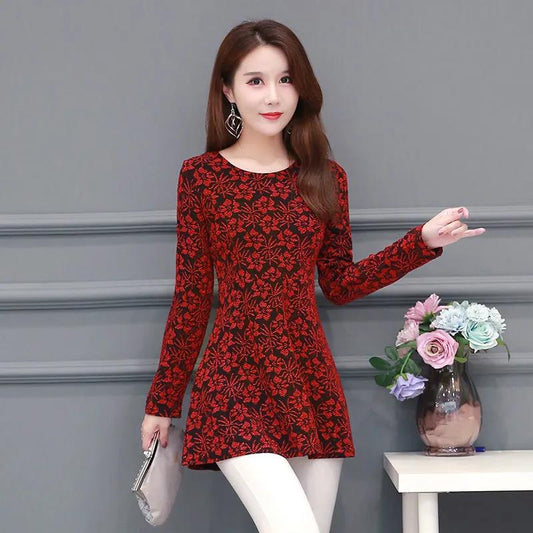 Women's Spring and Autumn Long-sleeved Top Large Size Waist Round Neck Printed Top