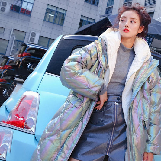 Women's Down Jacket Fake Colorful Disposable Shiny Hooded Over-the-knee Long Coat