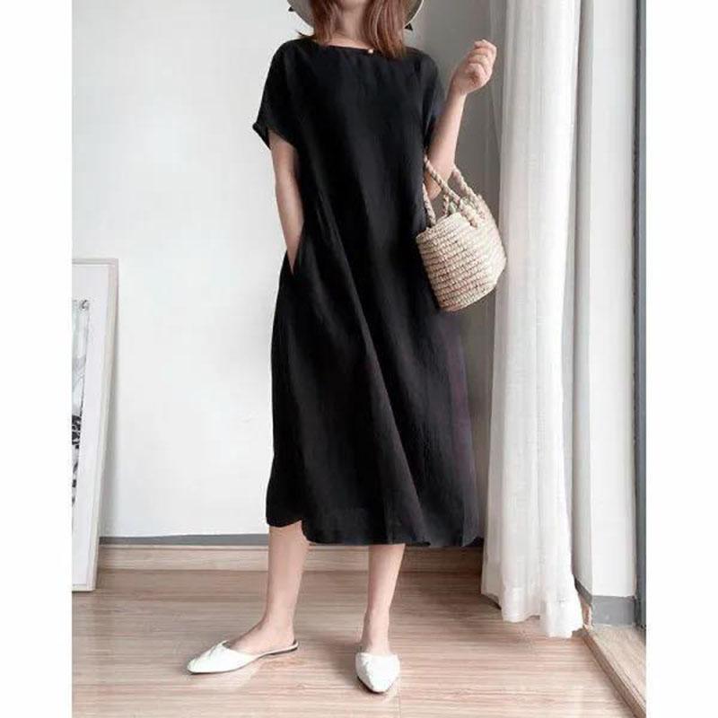 Summer Solid Color Short Sleeve Dress Large Size Loose Midi Skirt Women