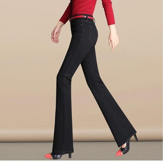 Casual High Waist Flare Leg Denim Jeans Women Stretchy Long Trousers Ladies Solid Trim Pants