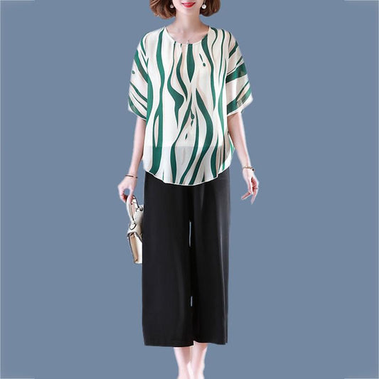 WTEMPO Middle-aged Women's Plus Size 2 Pcs Set Chiffon Shirt and Pants 2 Piece Set Spring and Summer Bat Sleeve Blouse Loose Casual Two-piece Set