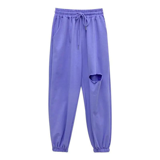 Women's Gray Sweatpants Loose Feet Summer Thin Casual Looking Thin All-match Purple Pants Hole Harem Sweatpants