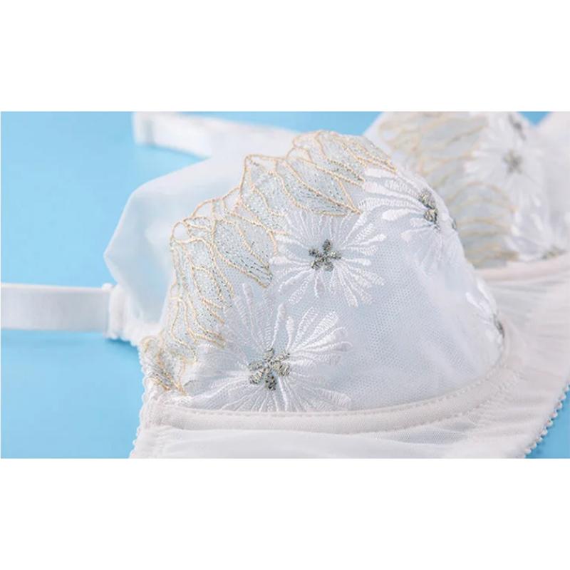 Women's Comfortable Embroidered Underwear Adjustable Bra for Big Breasts Sexy Lace Mesh Floral Gather Straps Brassiere Full Cup Pad Solid Underwear