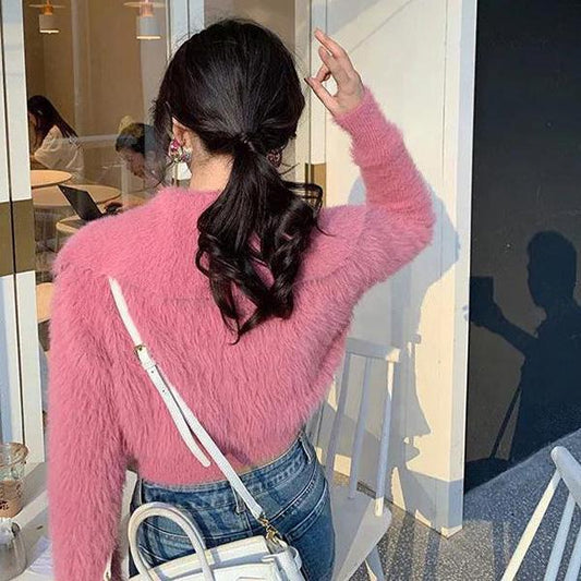 Mink Fleece Turn Down Collar Short Sweater Early Autumn Soft Waxy Diamond Button Knitted Cardigan Small Fragrance Jacket