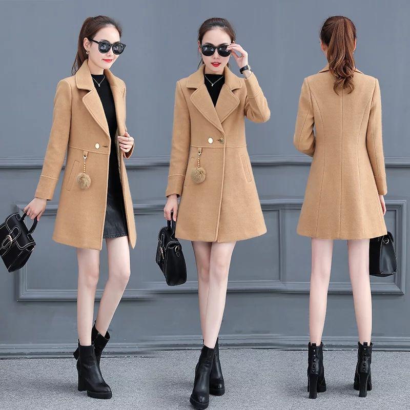 2019 Women Wool Blend Long Coat Female Slim Lapel Woolen Overcoat Autumn Winter Cashmere Outerwear