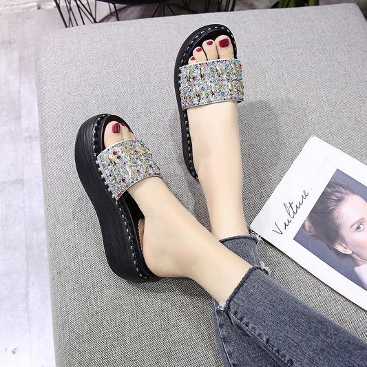 High-heeled Rhinestone Sandals and Slippers Women's Summer Wear All-match Rivets Thick-soled One-word Drag High-heeled Sandals and Crystal Sequins