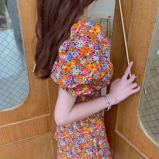 Female Gentle Elegant Floral Print High Waist Dress Square Neck Bubble Sleeve Vintage Slim Holiday Dress