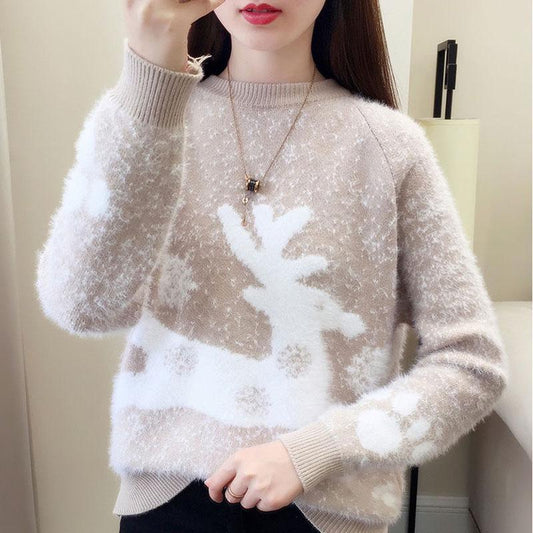 Autumn and Winter Pullover Sweater Thick Knit Sweater Elk Pattern Young Women Bottoming Shirt