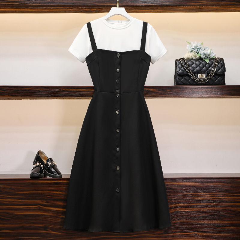 Womens Summer Dresses Short-sleeved Shirt Top and Long Strap Dress Two-piece Set Plus Size Outfits