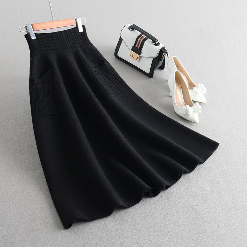 Autumn Winter Women's Knitted Skirt Long Skirt with Pockets Thick Warm OL Stytle A-line Skirt for Women