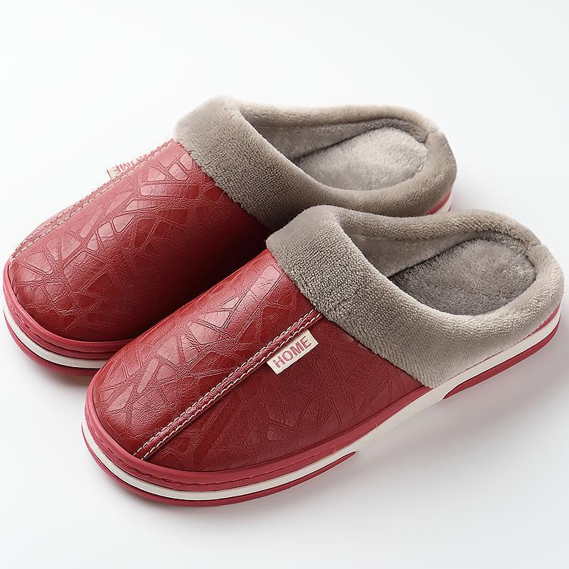 Women's Slippers Leather Winter Windproof Warm Plush Memory Foam Home Slippers for Men House Shoes Plus Size