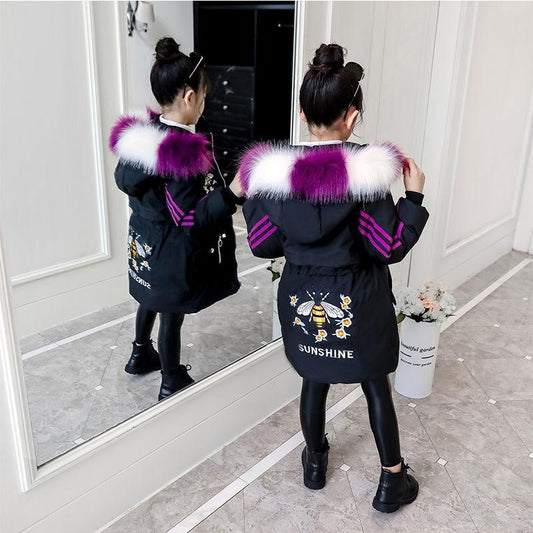 Winter Girl's Cotton Padded Jacket Thickened Medium Length Parka Jacket Children's Printed Hooded Jacket with Removable Fur Coll