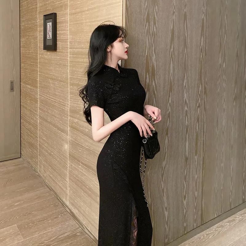 Female Vintage High Waist Black Holiday Dress Elegant Slim Stitching Split Lace Party Dress