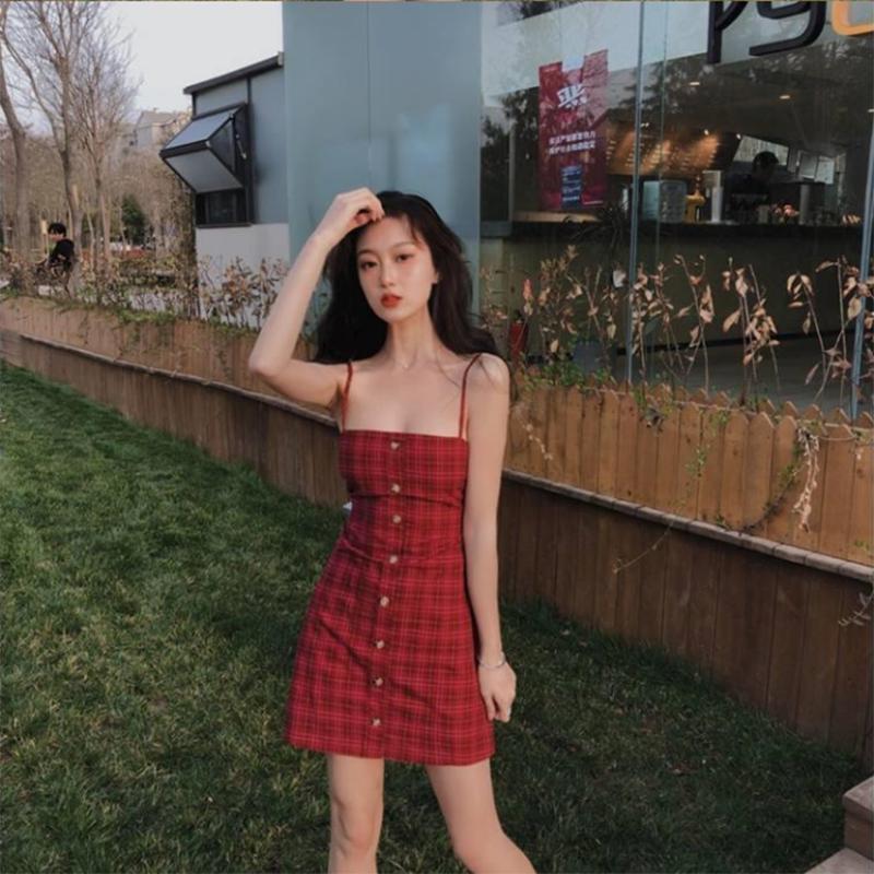 Plaid Skirt Solid Color Cute Sweet Girl Bow Sling Backless Sexy Sleeveless Dress