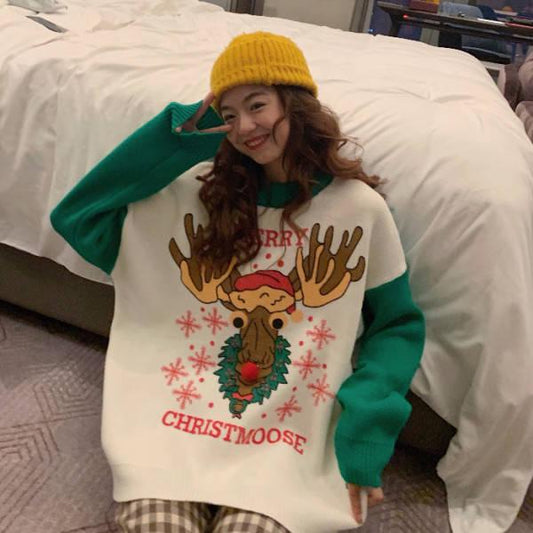 Christmas Sweater Women's Loose Color Matching Cartoon Printed Pullover Knitted Tops