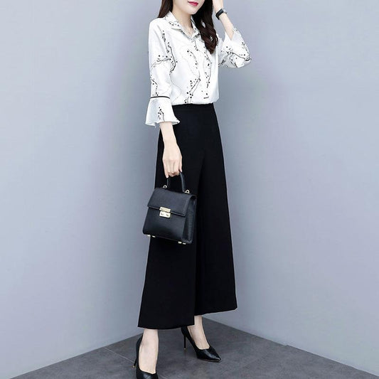 Spring and Summer New Women's Suits Temperament Ladies Chiffon Bell-sleeved Shirts Tops Wide-leg Pants Two-piece Women's