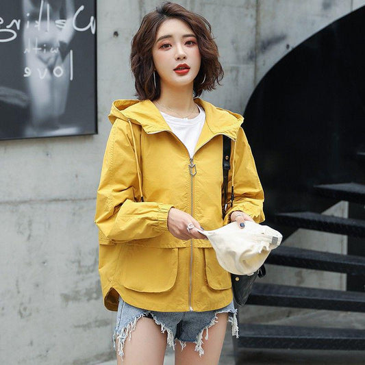 Autumn Casual Trench Coat for Women Pleated Zipper Hooded Short Windbreaker Loose Female Tops