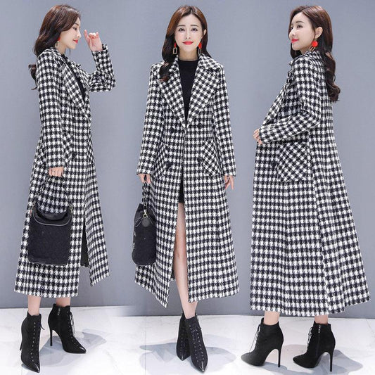 Black and White Plaid Woolen Coat Women's Mid-length Slim Temperament Coat Double-sided