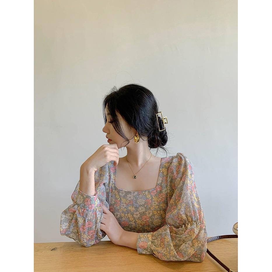 Korean Fashion Women Long Sleeve Floral Print Chiffon Square Neck Shirt Blouse Tops