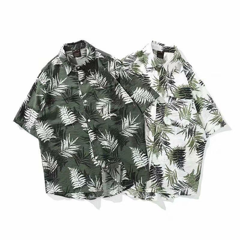 Summer Men Tees Beach Shirt Leaf Print Tee Plus Size Loose Overshirt Half Sleeve Retro Clothes Casual Male Undies Button Up Top
