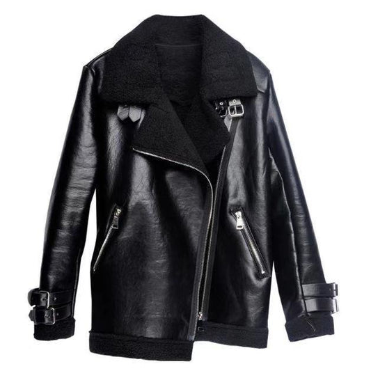 Autumn and Winter Thick Lamb Fur One Motorcycle Leather Jacket Large Size Stand Collar Ladies Cotton Jacket