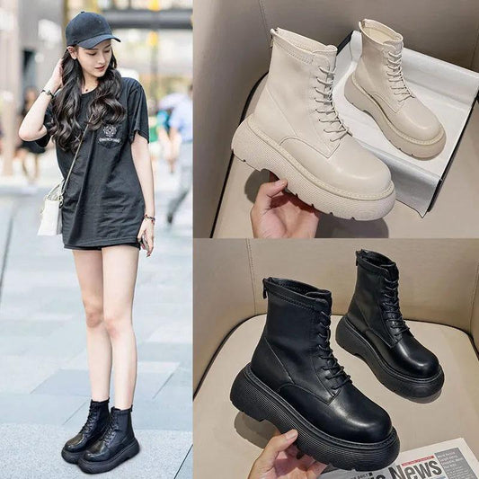 Autumn and Winter Leather Sponge Cake Thick-soled Martin Boots Thin Plush Boots Heightening Short Velvet Boots All-match