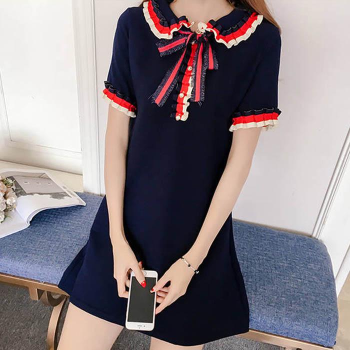Pofulove S-4XL Women Summer Short-sleeved Bow A-line Dress Student Slim Long O-neck T-shirt Dress