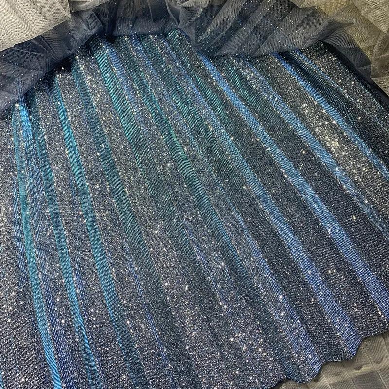 Spring Gradient Mesh Sequin Pleated Skirt Women's Mid-Length A-Line High Waist Skirt Starry Blue Sparkling Mesh Tutu Skirt