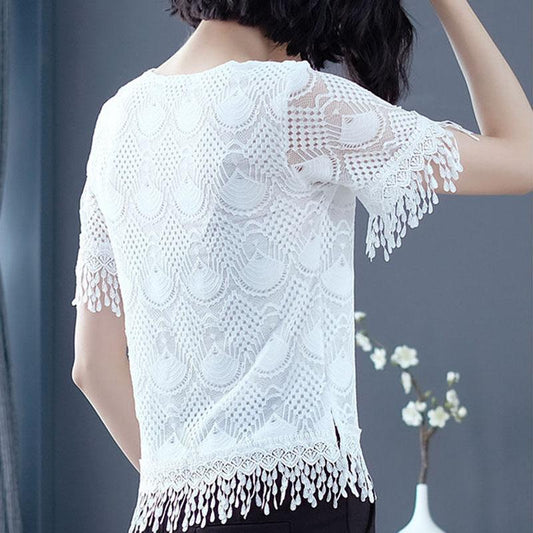 Summer Women's Loose Lace Round Neck Short Sleeve Large Size All-match Top