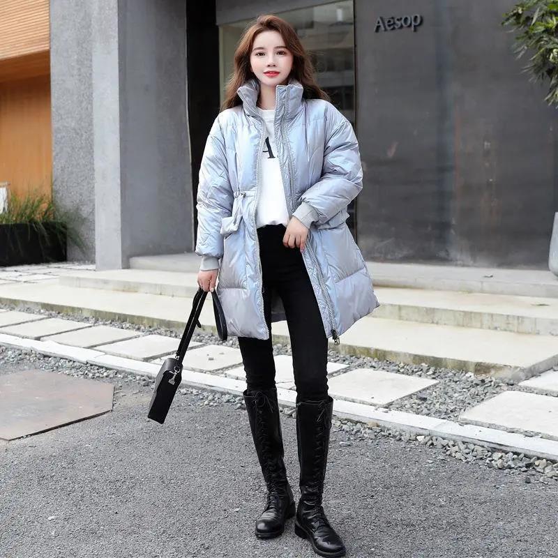 Ladies Down Jacket Winter Thickening Fashion Shiny Stand-up Collar Waist Wash-free Mid-length Cotton Jacket