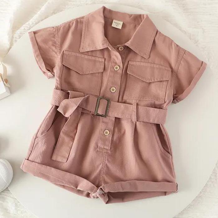 Girls' Denim One-piece Suit Summer Children's Work Clothes One-piece Pants Single breasted Belt Button Korean Style Casual Set