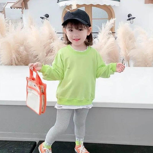 Girls Long Sleeve Trousers Spring and Autumn Suit Pullover Hem Hole Design Top + Slim Stretch Comfortable Trousers Children's Sportswear Two-piece Set