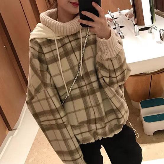 Women's Autumn and Winter Sweater Loose Hooded High Neck Pullover Plaid Large Size Plush Coat