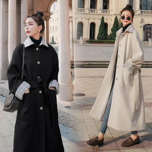 Hepburn Style Woolen Coat Women's Mid-length Korean Coat with Cotton Thickened Autumn and Winter Woolen Coat