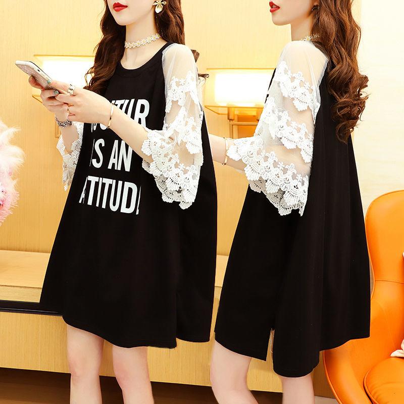 Women's Lace Stitching Short-sleeved T-shirt Summer Loose Design Sense Split T-shirt Top