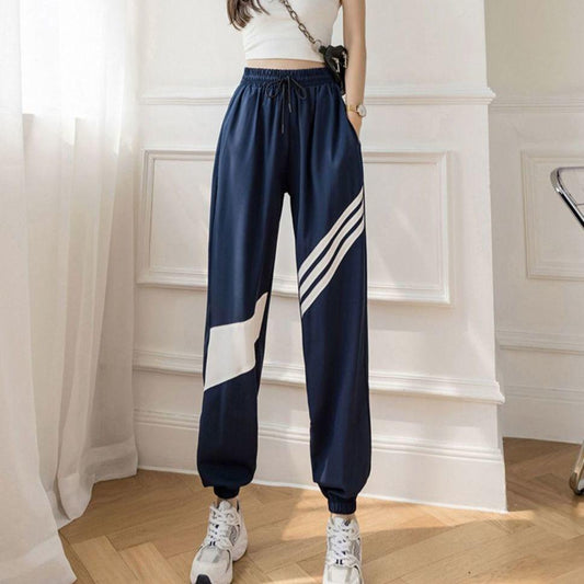 Ice Silk Sports Pants Women's Summer Thin Striped High Waist Loose Quick-drying Running Yoga Casual Tide Beam Leg Harem Pants