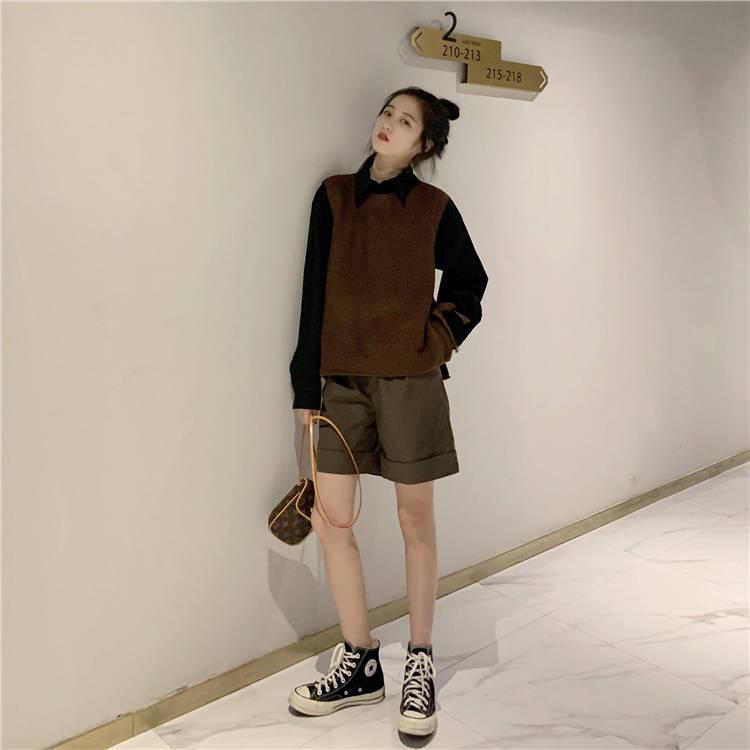 College Style Sweater Vest Women's Round Neck Loose Side Lace Up Knitted Sweater Vest