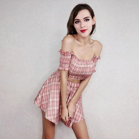 2pcs/set Women Sexy Skirt Suit Sexy Off-shoulder Crop Top + Mini Skirt Two-piece Set Female Plaid Outfits