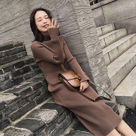Long Coarse Wool Turtleneck Sweater Dress Women Female Casual Loose Knit Straight Sweater Dress