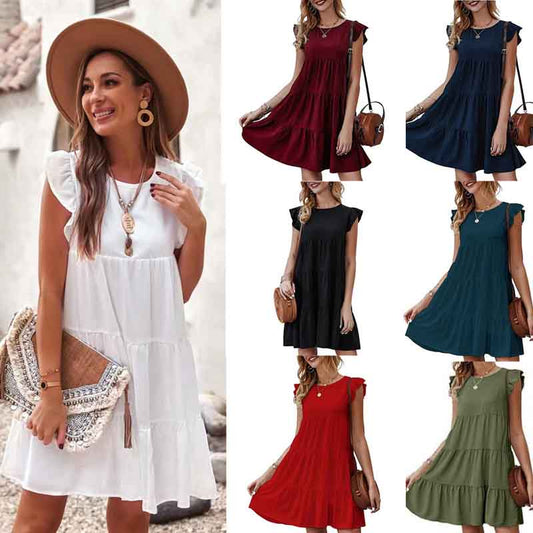 European and American Summer Solid Color Round Neck Short-sleeved Dress Casual Cake Skirt Pleated Swing Skirt