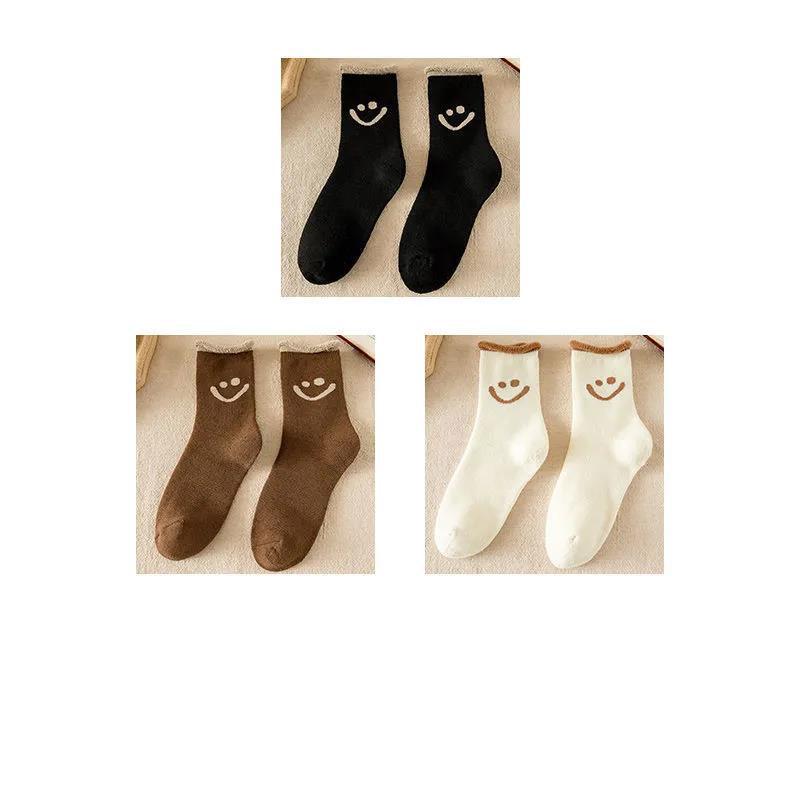 Three Pairs of Women's Socks Fashion Printing Solid Color Tube Socks Winter Plus Velvet Thick Warm Floor Socks