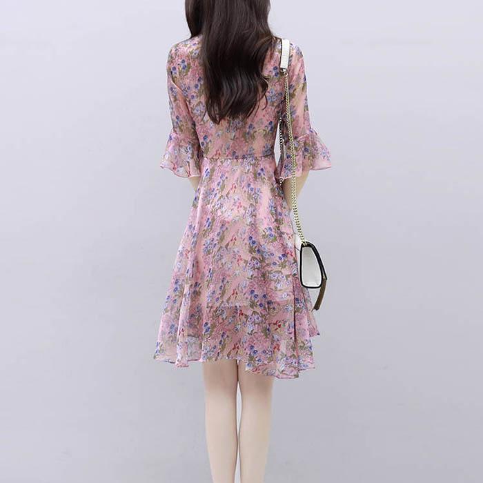 Pofulove S-3XL Women V-neck Chiffon Floral Dress Office Lady Short-sleeved Mid-length A-line Dress